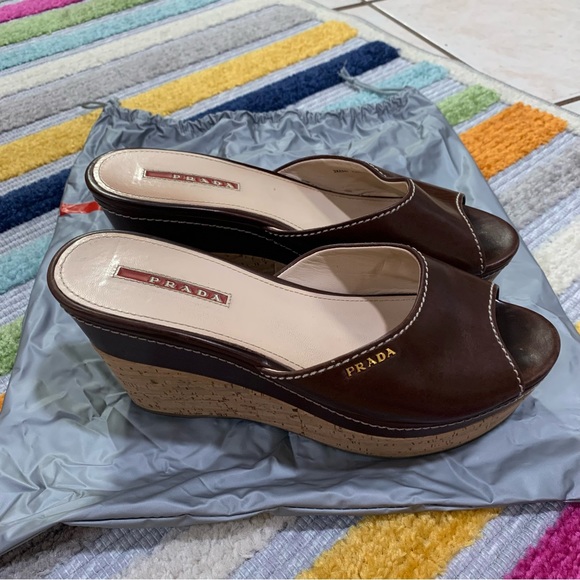 PRADA Brown Leather Logo Cork Platform Open-Toe Wedge Sandals - Picture 2 of 16